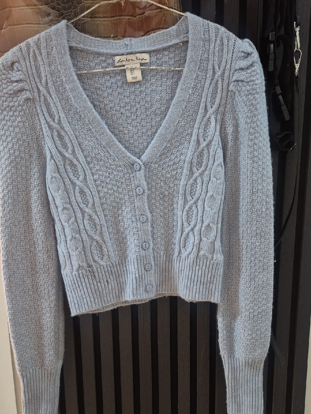 Light Blue Cable-Knit V-Neck Button Cardigan